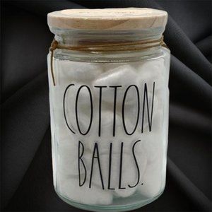 Rae Dunn COTTON BALLS Glass Cosmetic Beauty Jar with Sealed Wooden Lid New